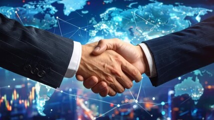 Business deal handshake against a world map, symbolizing global partnership - Powered by Adobe