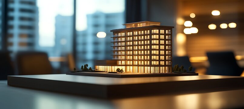 Architectural model of a modern building on a table with blurred background