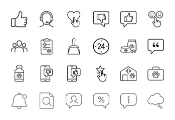 Fototapeta premium User interface and pet care icon set. Vector pictograms of feedback, support, notifications, veterinary, and social engagement, thin linear illustration.