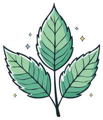 Fototapeta premium Illustration of three green leaves on a stem with sparkles floating around vector drawing style nature elements
