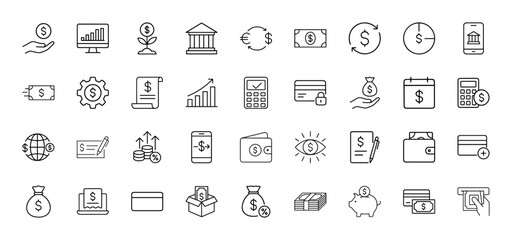 Financial line icon set. Vector pictograms of money, banking, investment, payment, wallet, chart, credit card, and calculator, thin linear illustration.