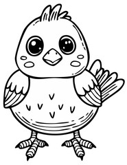 Line art illustration of cute chick, cartoon bird, adorable, black and white.