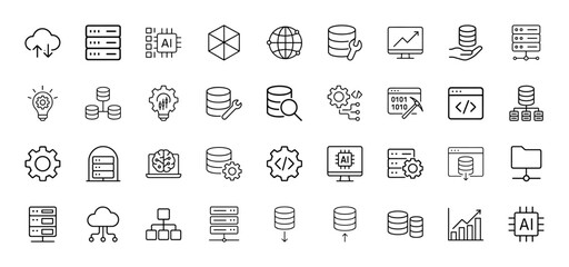 Information technology line icon set. Vector pictograms of cloud storage, server racks, AI processors, databases, global networks, data charts, and development tools, thin linear illustration.