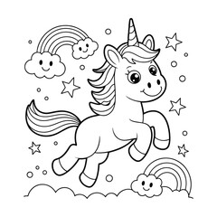 Cute Cartoon Unicorn Coloring Page with Rainbows, Clouds, and Stars Line Art