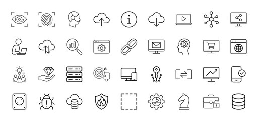 Technology, data, and business icon set. Vector pictograms of eye scan, fingerprint, cloud, network, servers, analytics, security, shopping, laptop, firewall, thin linear illustration.