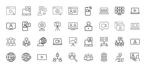 Communication technology line icon set. Vector pictograms of video calls, online meetings, webinars, remote work, chat, presentations, and global collaboration, thin linear illustration.
