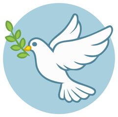 Obraz premium Cartoon illustration of a white dove with olive branch in blue circle, peace symbol