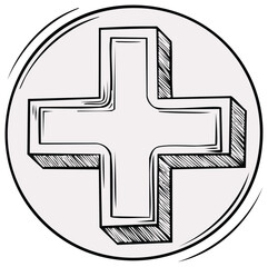 Obraz premium Hand drawn sketch style plus sign symbol with 3D effect in a circular frame doodle illustration