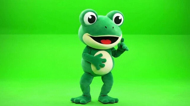 A cheerful, cartoon-like green frog character stands against a vibrant green background, with its mouth open in a smile and one hand raised.