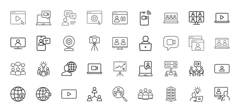 Communication technology line icon set. Vector pictograms of video calls, online meetings, webinars, remote work, chat, presentations, and global collaboration, thin linear illustration.