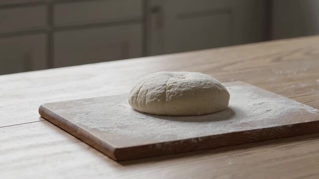 Soft bread dough rising on floured wooden surface, showcasing natural fermentation process of homemade artisan baking preparation, slowly expanding before baking