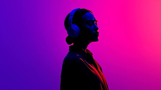 Silhouette of woman listening to music with headphones vibrant neon background