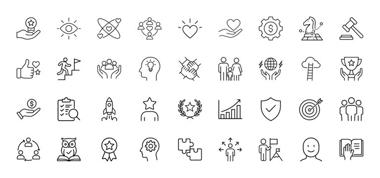 Business and human resources line icon set. Vector pictograms of team, vision, heart, strategy, progress, idea, globe, trophy, rocket, chart, shield, and owl, thin linear illustration.