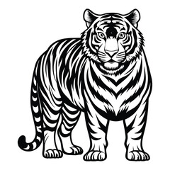 Majestic Tiger Outline Vector Illustration,Black and White Tiger Line Drawing,Wild Tiger Vector Silhouette Illustration,Detailed Tiger Line Art Design,Elegant Standing Tiger Vector Artwork
