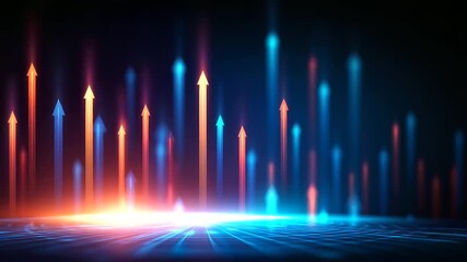 A futuristic growth dashboard glows with vibrant market trend visuals arrows shooting upward in radiant neon across a vast digital backdrop. Atmosphere of expansion power and