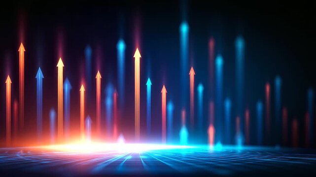 A futuristic growth dashboard glows with vibrant market trend visuals arrows shooting upward in radiant neon across a vast digital backdrop. Atmosphere of expansion power and