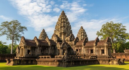 Fototapeta premium Majestic Ancient Khmer Temple of Phanom Rung in Thailand, featuring Ornate Stone Architecture, Towering Spires, Lush Green Grounds, and a Serene Blue Sky with White Clouds.