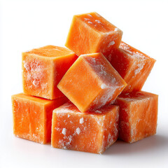 A close up view of a pile of frozen orange cubes against a white background in a studio shot