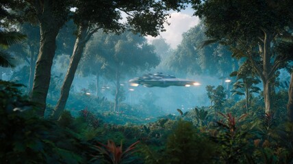 Sci-fi aircraft soaring through lush forest. AI image