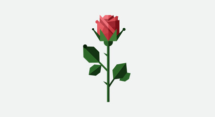 Fototapeta premium Geometric Rose Illustration with Stem and Leaves on White Background.