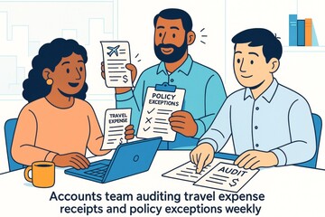 Business team analyzing travel expense receipts and policy exceptions in office setting with documents and laptop on light abstract background. Ai generative