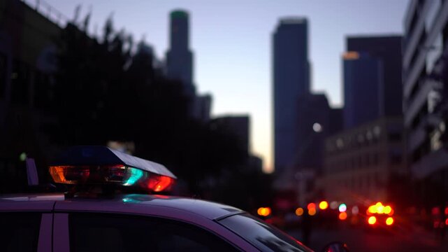 Police Car Lights with Downtown Skyline Background, Los Angeles