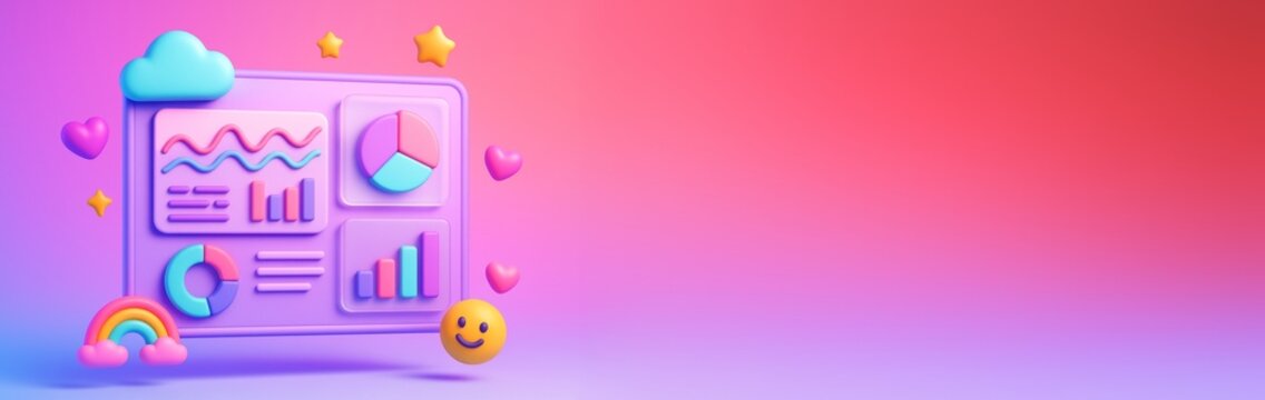 Colorful dashboard with 3D chart icons, hearts, stars, and emojis on vibrant gradient background with copyspace for creative design concepts. Ai generative - Powered by Adobe