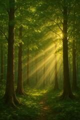 Obraz premium Sunlight streams through a vibrant green forest, illuminating the woodland path.
