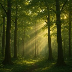 Obraz premium Sunlight filters through the canopy, illuminating a vibrant green forest floor.