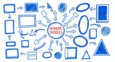 Hand Drawn Marker Doodles Creative Graphic Design Elements Collection of Flowchart Shapes and Arrows in Blue Ink on White Paper