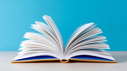 Fototapeta premium Book is open to a page with a blue sky background. The book is yellow and blue, and it is a novel or a textbook. The blue sky background creates a calm and peaceful atmosphere