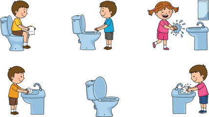 Cartoon hygiene illustration, children using toilet, washing hands with soap, bathroom routine concept, hand-drawn vector, health education, white background