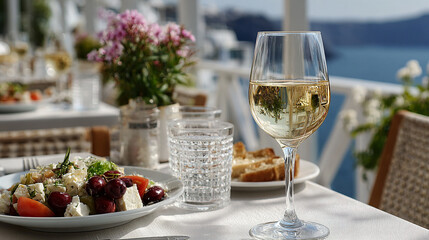 Shrimp, seafoods, salads, appetizers on table Greek food tradition. Turkish style fish restaurant ambiance, Aegean seaside views. Location: Mykonos or Bodrum. Glass white wine, perfect summer evening.