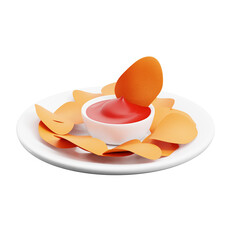 Crispy Potato Chips with Red Tomato Sauce in a White Bowl on Transparent Background