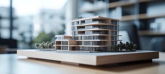 Architectural model of a modern building on a wooden table in bright office