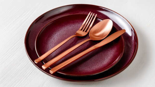 Plate with a fork, knife, and spoon on it. The plate is red and white