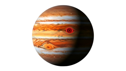 Gas giant with swirling orange and white bands; shadowed side
