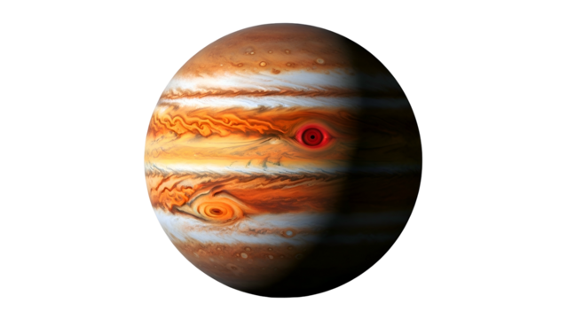 Gas giant with swirling orange and white bands; shadowed side