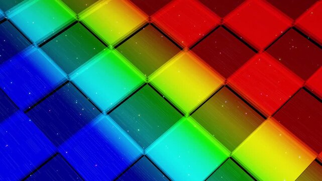 Vj abstract sci fi futuristic bg. Fly over 3d multilayer hologram complex pattern Rectangles. Neon light rainbow color gradient. Isometric view. Simple shapes periodic pattern. Like on conveyor belt.