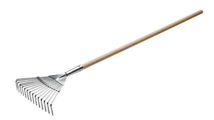 Silver leaf rake with wood handle on black background