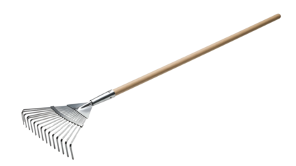 Silver leaf rake with wood handle on black background