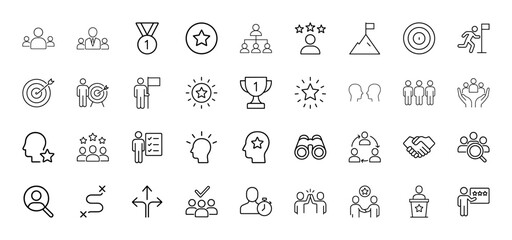 Business success line icon set. Vector pictograms of teamwork, target, medal, trophy, mountain, runner, handshake, binoculars, strategy, and leadership, thin linear illustration.