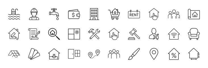 Real estate and home services line icon set. Vector pictograms of worker, building, rent sign, blueprint, contract, tools, wallet, smart home, measurements, thin linear illustration.
