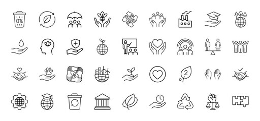Social responsibility and sustainability line icon set. Vector pictograms of hands, earth, plant, factory, education, recycling, community, thin linear illustration.