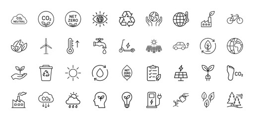 Environmental line icon set. Vector pictograms of net zero, CO2 neutral, recycling, globe, wind turbine, solar panels, electric car, nature, and water, thin linear illustration.