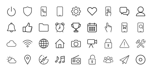 User interface line icon set. Vector pictograms of power, shield, smartphone, gear, heart, bell, folder, calendar, camera, lock, globe, user, thin linear illustration.
