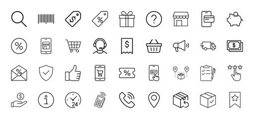 E-commerce line icon set. Vector pictograms of search, barcode, price tag, gift, shop, credit card, cart, delivery truck, money, support, security, rating, location, box, thin linear illustration.