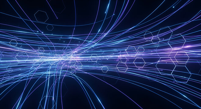 Abstract network of glowing blue and purple light trails