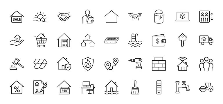 Real estate and property line icon set featuring house sale, agent, home key, mortgage, insurance, rental, and construction tools, thin linear illustration.