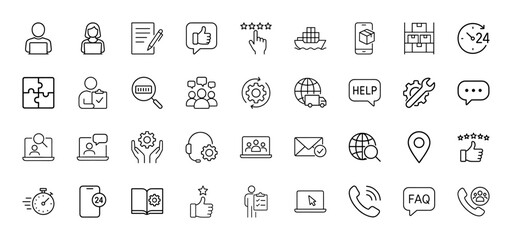 Customer service and support line icon set. Vector pictograms of users, documents, feedback, delivery, warehouse, process, chat, and global help, thin linear illustration.